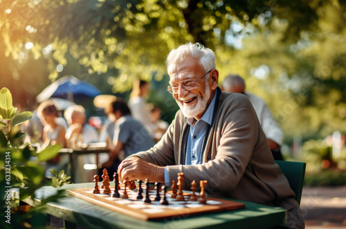 AI generated image of senior playing chess in the park