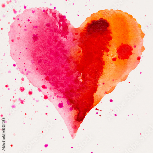 Watercolor painted pink heart, on the white watercolor paper.