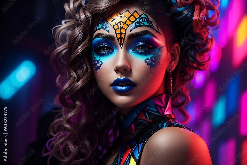 Fototapeta premium Neon-Colored Fantasy Art Make-Up: Captivating Fashion Model