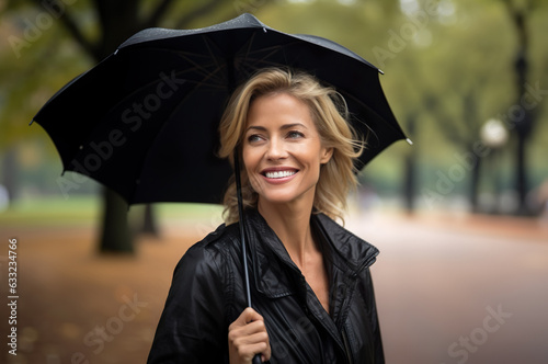 AI generated image of mature attractive female with umbrella