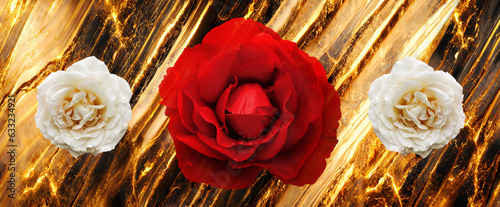 Red and white roses on golden infernal fiery diagonal marbled texture