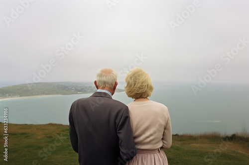 AI generated image of senior couple standing on top of mountain by the shore