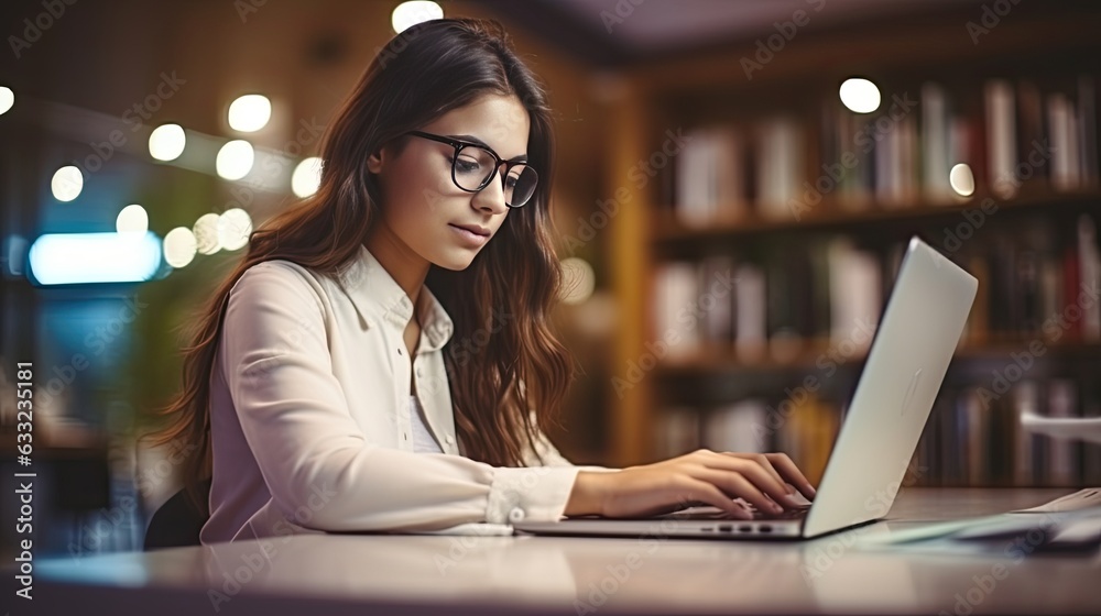 Young intelligent woman studying in the library on her laptop Young intelligent woman studying in the library on her laptop