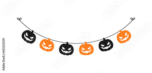 Cute Jack O Lantern Evil Pumpkin Garland Silhouette for Halloween. Simple banner hanging party classy decor vector element.