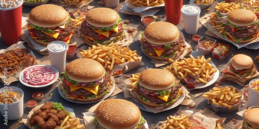 A Table Full of Burgers, Fries, and Drinks