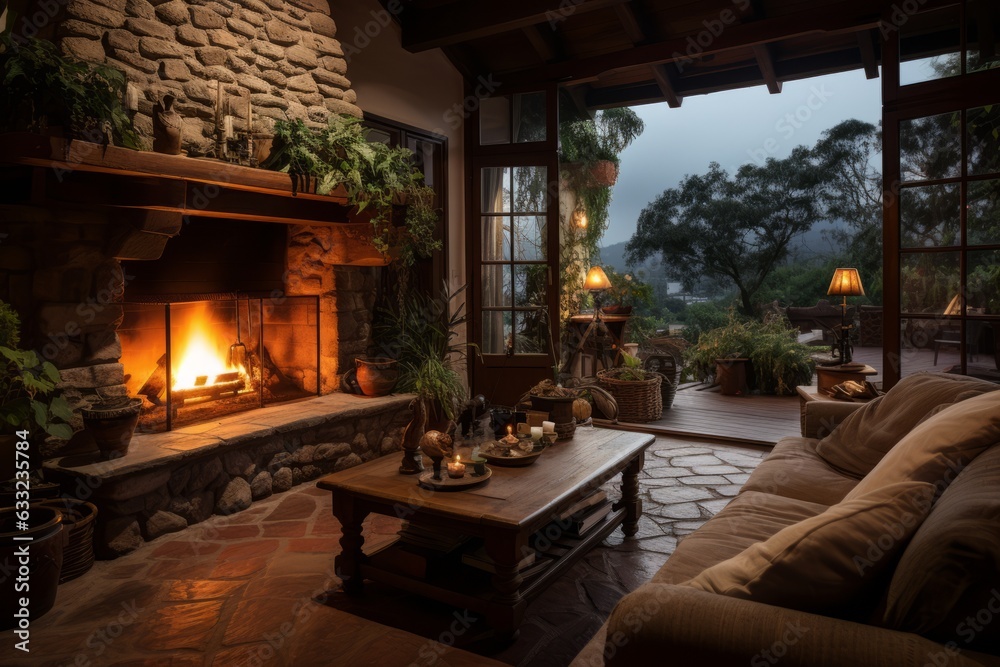 Cozy Villa With A Rustic Fireplace, Generative AI