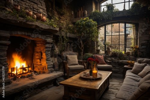 Cozy Villa With A Rustic Fireplace, Generative AI