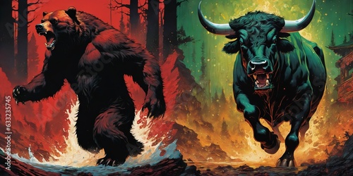 Fotobehang Bear and bull in a fiery face-off