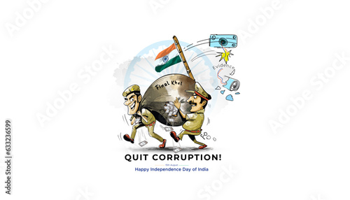 India Independence day, 15 August. Freedom celebration background. Indian Army, police Holding tricolor flag and money. Quit Corruption campaign. 