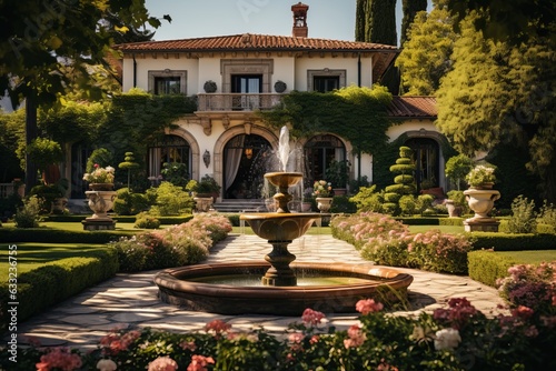 Villa With A Private Garden And Fountain, Generative AI