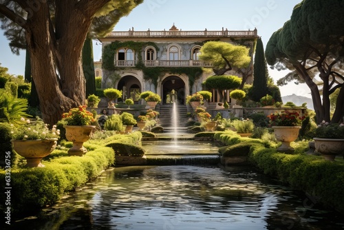Villa With A Private Garden And Fountain, Generative AI