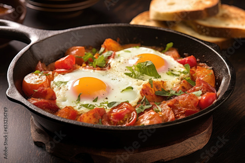 Frying eggs with tomatoes