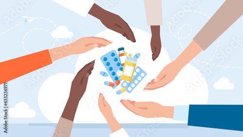 People reach for pills, еablets, capsules, medicines with their hands. Availability of medicines for people of different wealth. Treatment, medication, medical, pharmacy medicine. Vector illustration