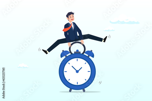 Confidence businessman jump over alarm clock, punctual being on time or time management, work deadline or procrastination, self discipline, work efficiency or reminder, urgency or quick work (Vector) photo