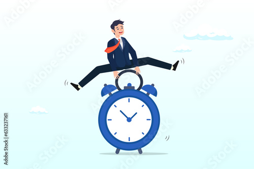 Confidence businessman jump over alarm clock, punctual being on time or time management, work deadline or procrastination, self discipline, work efficiency or reminder, urgency or quick work (Vector)