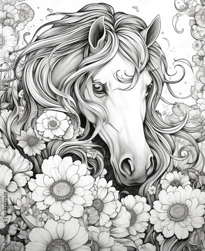 Horse and Flowers. Coloring page for the adult coloring book. Stock ...
