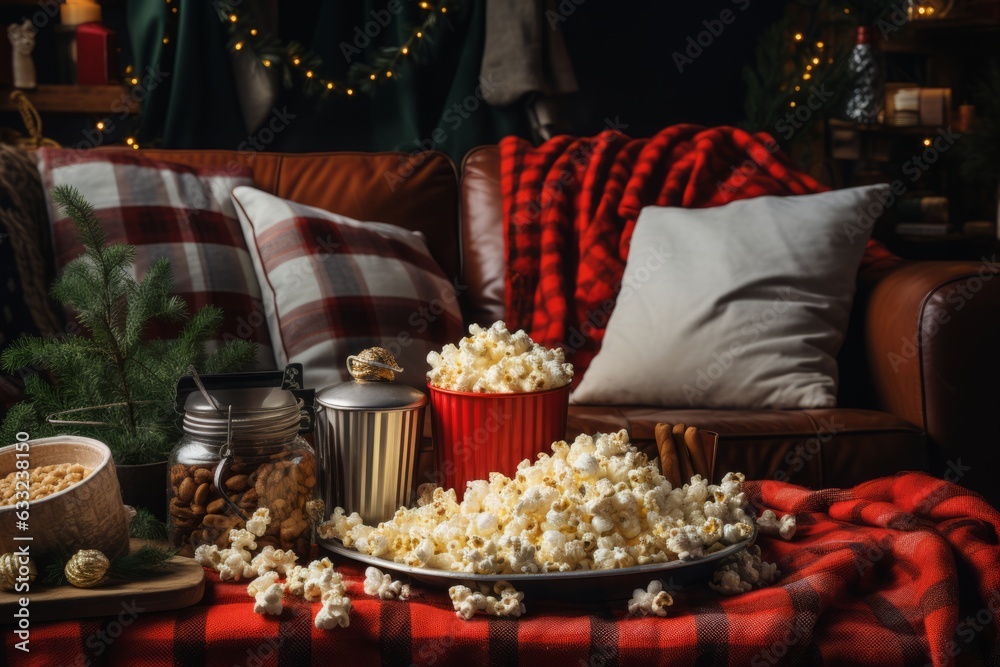 Christmas Themed Movie Night With Popcorn, Generative AI Christmas Themed Movie Night With Popcorn, Generative AI