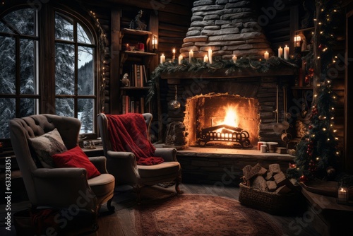 Cozy Cabin In The Woods Decorated For Christmas, Generative AI
