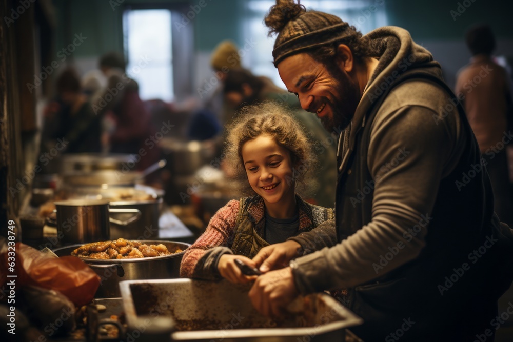 Family Volunteering At A Soup Kitchen, Generative AI Family Volunteering At A Soup Kitchen, Generative AI