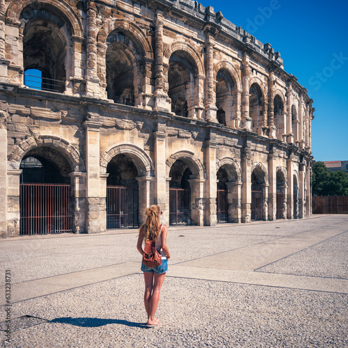 Woman tourist in France- Arena of Nimes, Gard, Occitanie