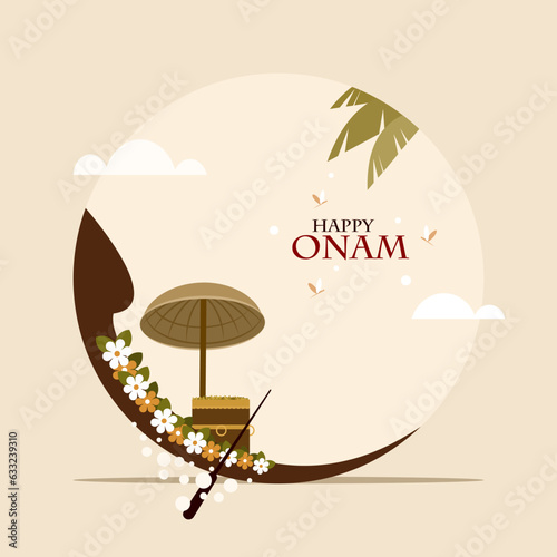 Illustration of traditional boat and umbrella with auspicious items of Kerala. Concept of Onam festival in Kerala