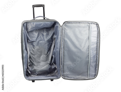 open travel bag, open travel suitcase isolated from background
