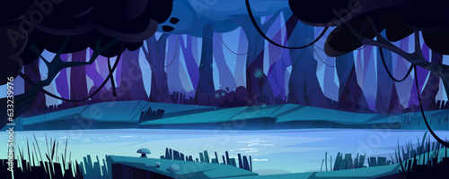 Jungle forest with river, lake or swamp at night. Dark woods landscape with trees, calm river water, lianas and mushrooms in moonlight, vector cartoon illustration