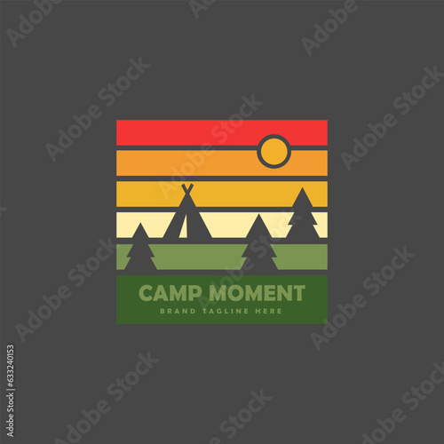 Camping simple logo design, with elements of camping tent, pine tree and sun , Great for camping equipment rental business logo branding, adventure logo branding.