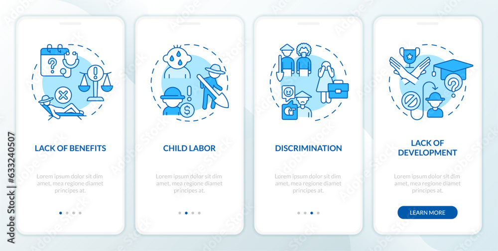 Labour problems in agriculture blue onboarding mobile app screen. Farm work walkthrough 4 steps editable graphic instructions with linear concepts. GUI template. Myriad Pro-Bold, Regular fonts used