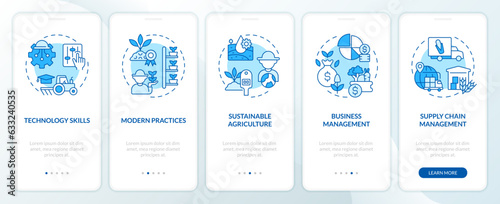 Skills required in agribusiness blue onboarding mobile app screen. Walkthrough 5 steps editable graphic instructions with linear concepts. UI  UX  GUI template. Myriad Pro-Bold  Regular fonts used