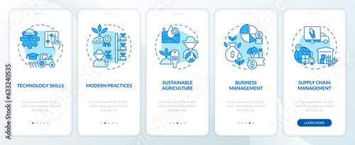 Skills required in agribusiness blue onboarding mobile app screen. Walkthrough 5 steps editable graphic instructions with linear concepts. UI, UX, GUI template. Myriad Pro-Bold, Regular fonts used