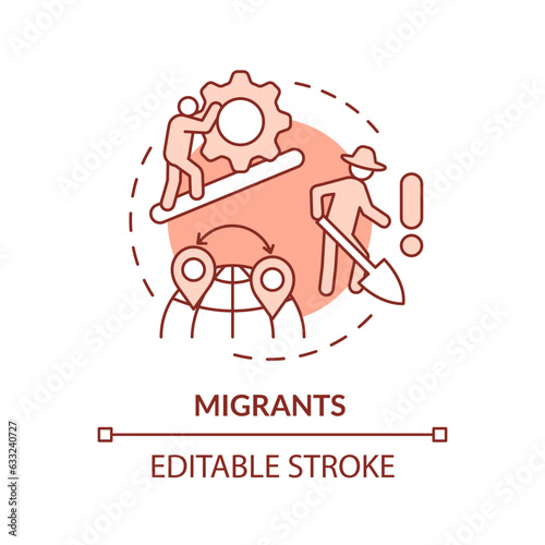 Migrants red concept icon. Harvesting crop. Agricultural worker. Poor working conditions. Manual labor. Hard work. Round shape line illustration. Abstract idea. Graphic design. Easy to use