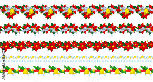クリスマスのポインセチアとベルの花線_カラー背景透過