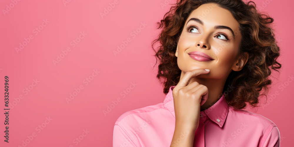 Naklejka premium Creative Mind: Young Woman Contemplating on Pink Background