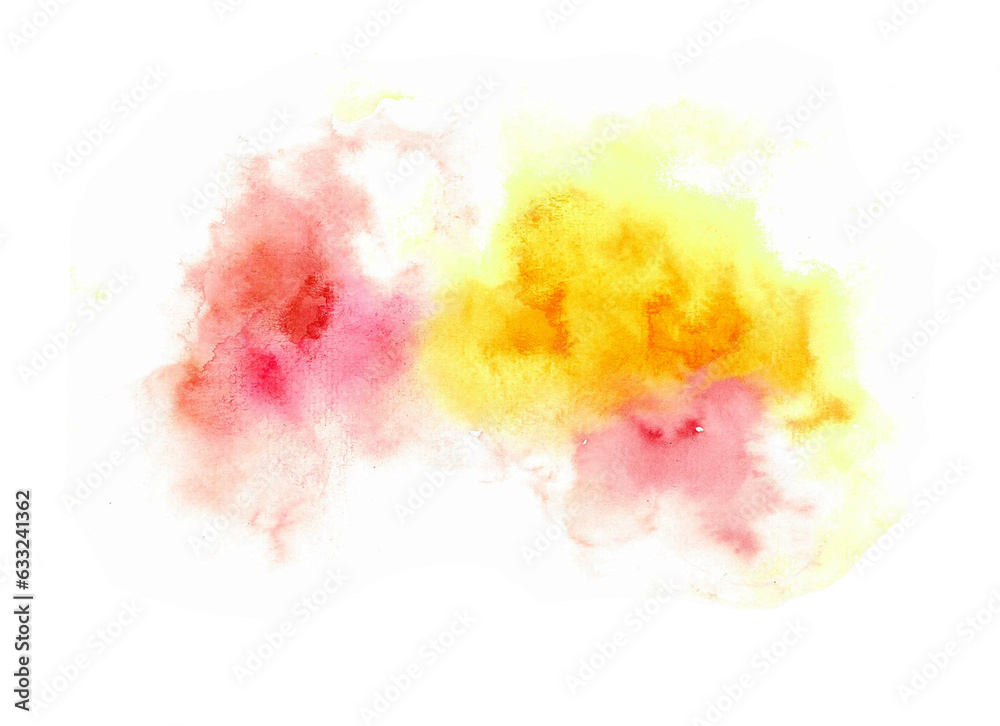 Abstract spots of watercolor blur. Gentle pastel colors. Various shades of yellow, red, pink, orange and purple. White background.