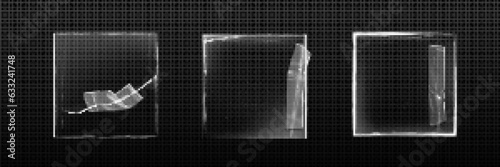 Vintage square paper torn overlay with tape edge on black background. Worn and scratch photo corner effect mockup with glued transparent wrinkle scotch line. Damaged texture for card art design