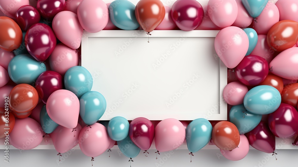 Celebrate card layout with a frame out of party metallic red, pink and blue balloons Celebrate card layout with a frame out of party metallic red, pink and blue balloons
