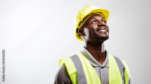happy african male constructor wearing safety uniform looking up isolated on white background