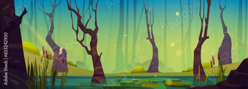 Magic forest swamp cartoon game background vector. Beautiful fantasy pond landscape for fairytale illustration with cattail in water branch in wetland. Spooky naked and dry tree scene design