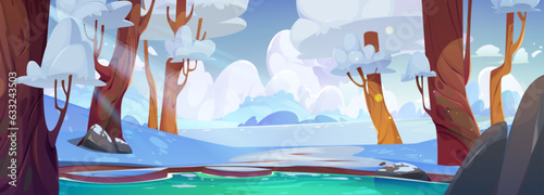 Winter forest landscape with lake background cartoon vector. Snowy tree nature scene illustration on cold north pole park. White beautiful canada rocky graphic environment for fantasy northern game