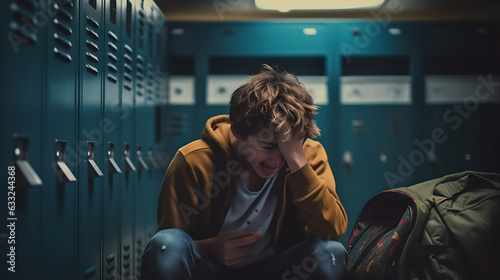 Male student covering his face and crying in school suffering from depression. Lonely teenage female student sat in school corridor covering her head and crying