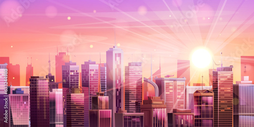 Sunset city building skyline vector landscape background. Business cityscape with sun ray in pink and purple sky cartoon design. Modern metropolis real estate panoramic illustration with sunrise