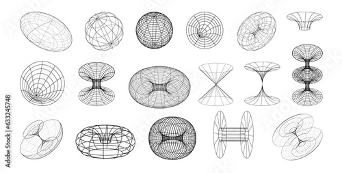 Wireframe retro futuristic abstract shapes. Vector set of geometric 3d brutalism figures