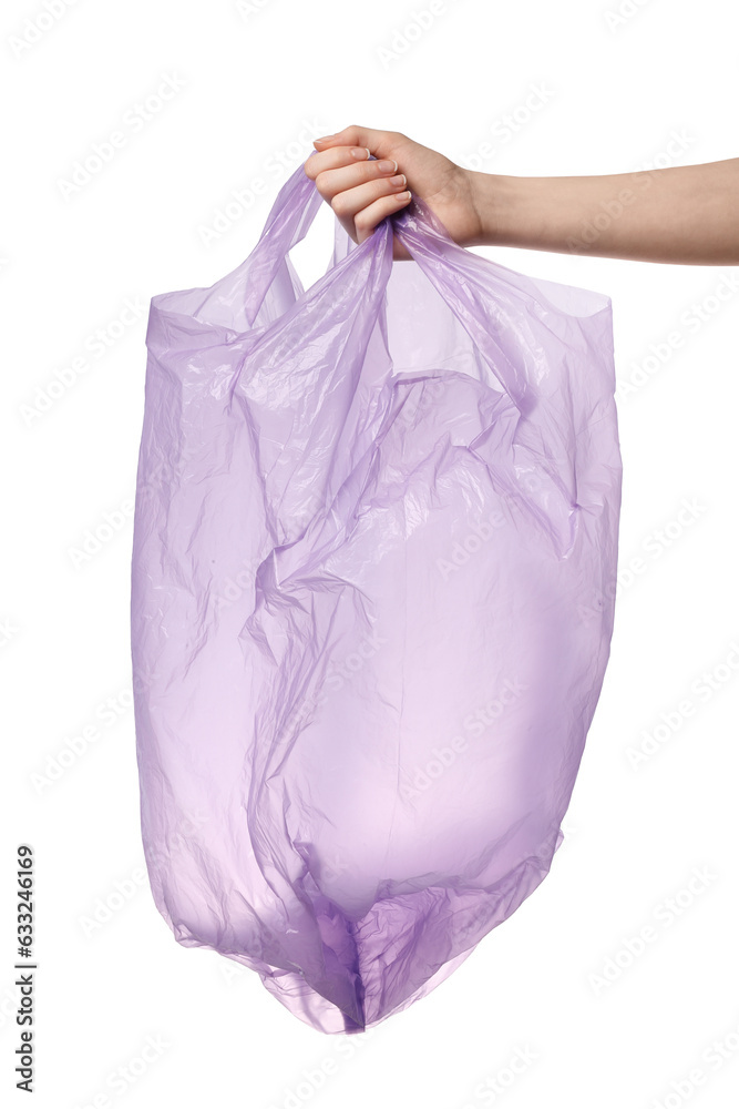 Woman holding purple plastic bag on white background, closeup Woman holding purple plastic bag on white background, closeup