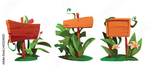 Jungle wooden sign board with plants and flowers. Cartoon vector illustration of signpost or text banner made of wood and surrounded by green grass. Tropical frames and panels for label writing.
