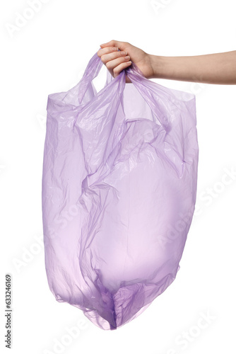 Woman holding purple plastic bag on white background, closeup