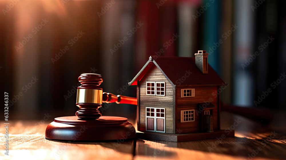 Judge auction and real estate concept. House model, gavel and law books. Law of real estate concept. Generative Ai Judge auction and real estate concept. House model, gavel and law books. Law of real estate concept. Generative Ai