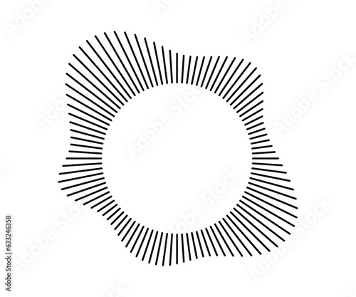 Radial wave sound lines. Circular frame. Sound circle ring. Wavy roun frame. Radial sun rays symbol. Wavy geometric silhouette. Abstract design element. Vector illustration on white background.