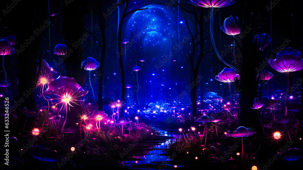 Glowing flowers in a midnight environment, purple and blue