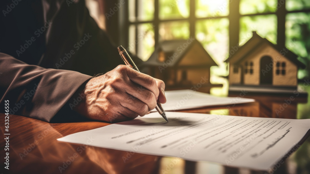 Agreement to sign the purchase contract concept. Real estate agent or sales manager has proposed terms and conditions to customers who sign house purchase agreements with insurance, Generative Ai - obrazy, fototapety, plakaty 